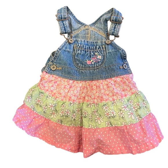 OshKosh Denim Overall Jumper Dress Pink Green Floral 12 months Casual Spring - Picture 1 of 5
